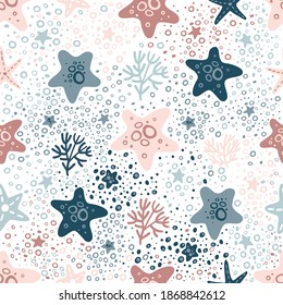 Semless colorful hand drawn pattern with starfish. Abstract childish texture for fabric, textile, apparel, wrapping paper. Vector illustration. Vector marine seamless pattern, starfish, corals.