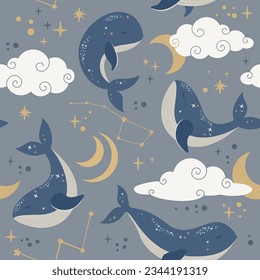 Semless pattent with cute flying whale in the sky, between clouds, zodiac stars, moon
