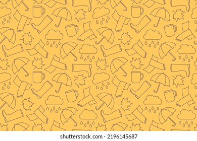 semless pattern with autumn related icons: rubber boots, scarf, rain cloud, tea cup and maple leaf, great for wrapping, textile, wallpaper, greeting card- vector illustration