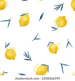 patrón sin semilla con limones amarillos brillantes, diseño de frutas. Wallart infinito, fondo de pantalla. Patrón digital. Limón con hojas azules