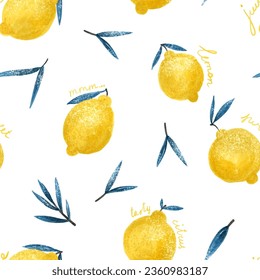 semless pattern with bright yellow lemons, fruit design. Endless wallart, wallpaper. Digital pattern. Lemon with blue leaves