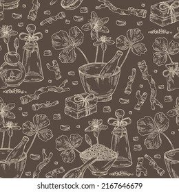 Semless pattern with coptis chinese: plant, leaves, root and coptis chinese flowers. Oil, soap and bath salt . Cosmetics and medical plant. Vector hand drawn illustration