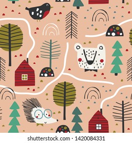 Semless pattern with cute animals and trees. Vector illustration. Scandinavian style. Creative hand drawn background. Forest landscape.