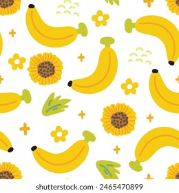 Nahtloses Muster der niedlichen Banane mit Sonnenblume und Blatt auf weißem Hintergrund.Obst und Gemüse handgezeichnet.Bild für Karte,Poster,Kleidung Druck Bildschirm.Kawaii.Vektorgrafik.Illustration.