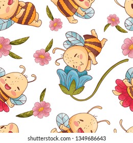 Semless pattern with cute bee, flowers and hunny isolate on a white background. Vector art in cartoon sketch style.