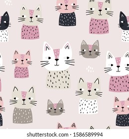 Semless pattern with cute cats. Scandinaviann style childish texture for fabric, textile, apparel, nursery decoration. Vector illustration