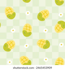 Semless pattern of cute corn with flower on pastel background.Fruit and vegetables hand drawn.Image for card,poster,clothing print screen.Autumn.Kawaii.Vector.Illustration.