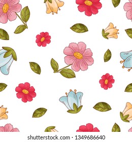Semless pattern with cute flowers and hunny isolate on a white background. Vector art in cartoon sketch style.