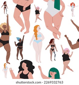 Patrón sin sentido. Niñas lindas. Movimiento corporal positivo y variedad de belleza. Ilustración plana. Fondo transparente
