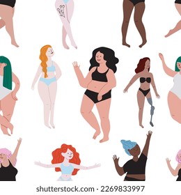 Patrón sin sentido. Niñas lindas. Movimiento corporal positivo y variedad de belleza. Ilustración plana. Fondo transparente