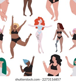 Patrón sin sentido. Niñas lindas. Movimiento corporal positivo y variedad de belleza. Ilustración plana. Fondo transparente