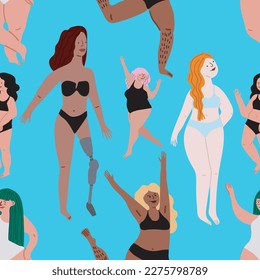 Patrón sin sentido. Niñas lindas. Movimiento corporal positivo y variedad de belleza. Ilustración plana. 