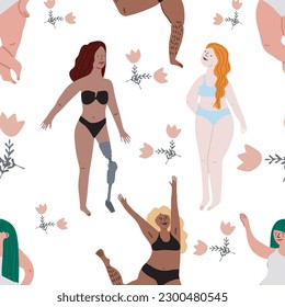 Semless pattern. Cute girls.Body positive movement and variety of beauty. Flat illustration. Transparent background