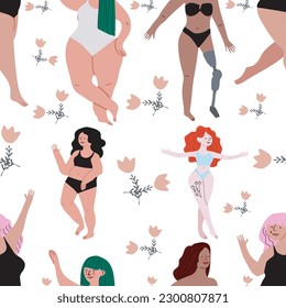 Patrón sin sentido. Niñas lindas. Movimiento corporal positivo y variedad de belleza. Ilustración plana. Fondo transparente