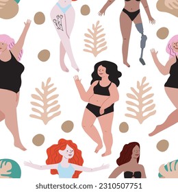 Patrón sin sentido. Niñas lindas. Movimiento corporal positivo y variedad de belleza. Ilustración plana. Fondo transparente
