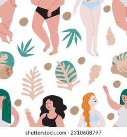 Patrón sin sentido. Niñas lindas. Movimiento corporal positivo y variedad de belleza. Ilustración plana. Fondo transparente