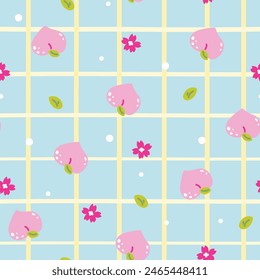 Semless pattern of cute peach with sakura flower and leaf pastel background.Japanese fruit hand drawn.Image for card,poster,clothing print screen.Kawaii.Vector.Illustration.