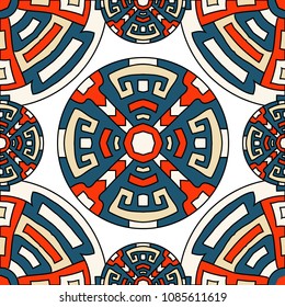 Semless pattern. Indian colorful background with north american motifs for banner or print. Seamless color background with ethnic motifs for your design. Vector texture.