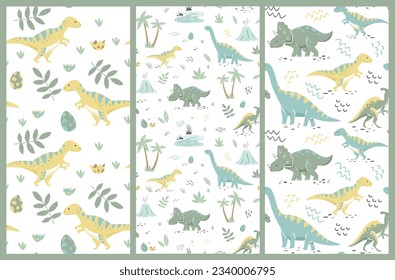 Semless pattern of newborn green baby dinosaurs. Hand drawn brontosaurus, tyrannosaurus, and triceratops for birthday greeting cards, baby shower invitations, posters. Vector cartoon flat illustration