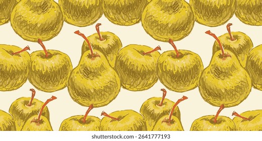Semless pattern of ripe yellow apples and pears, fresh fruits, vector background, paper, wallpaper