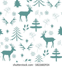 Semless pattern with silhouttes of deer, fir-trees and branches. Forest repeated texture with elegant animals and floral elements. Scandinavian style.