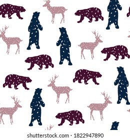 Semless pattern with silhouttes of deer and polar bear. Forest repeated texture with elegant animals. Natural background.  Scandinavian style.