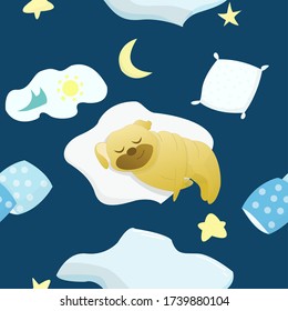 Semless pattern. Sleeping pug. Dreams.