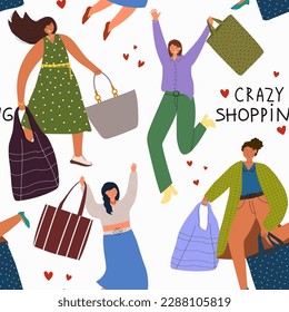 Semless pattern with Stylish happy women enjoy shopping. They carrie shopping bags and jump. The concept of discounts and purchases. Flat vector design.