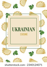 Patrón sin sentido. El plato tradicional ucraniano varenyky. Vertimiento, varenyky, pierogi. Cocina polaca. Cocina ucraniana. Ilustración vectorial para banner, volante, portada, publicidad, menú, afiche.