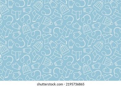 semless pattern with winter cloth accessories: hat, scarf, earmuffs and mittens, great for wrapping, textile, wallpaper, greeting card- vector illustration