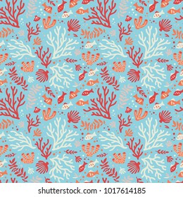 Semless sea pattern with fishes and corals.