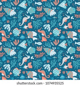 Semless sea pattern with fishes, crab and corals.