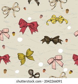Semless texture with vintage bows autumn stile and acorns. Vector illustration EPS8