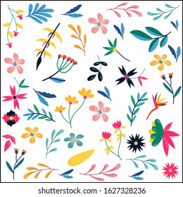 semless vector many kind of flower and leaf design pattern on white background