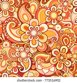 Semless vector paisley pattern. Hand drawn illustration with flowers, leaves, curls doodles in red, yellow, ochre color.