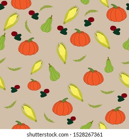Semless vector pattern with pumpkins, corn, beans, cranberiies