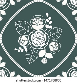 Semless vintage Jasmine and cushion shape pattern on a green background. 