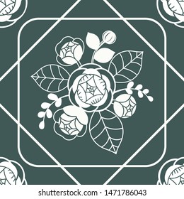 Semless vintage Jasmine and Square shape pattern on a green background. 