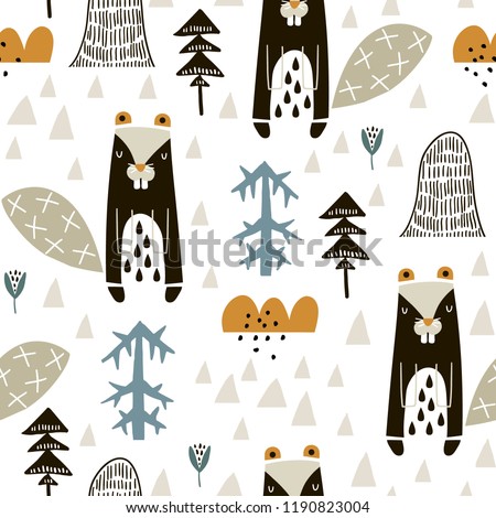 Semless woodland pattern with badgers n and hand drawn elements. Scandinaviann style childish texture for fabric, textile, apparel, nursery decoration. Vector illustration