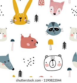Semless woodland pattern with cute animal faces and hand drawn elements. Scandinaviann style childish texture for fabric, textile, apparel, nursery decoration. Vector illustration