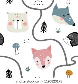 Semless woodland pattern with cute animal faces and hand drawn elements. Scandinaviann style childish texture for fabric, textile, apparel, nursery decoration. Vector illustration