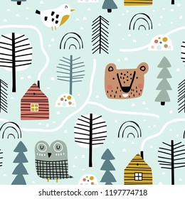 可愛い動物と木を持つ半裸の森の柄 ベクターイラスト 北欧風 クリエイティブな手描きの背景 森の風景 のベクター画像素材 ロイヤリティフリー Shutterstock
