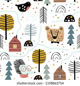 Semless woodland pattern with cute animals in forest. Vector illustration. Scandinavian style. Creative forest childish texture. Great for fabric, textile, nursery wallpaper.