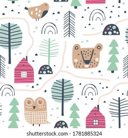 Semless woodland pattern with cute animals and trees. Vector illustration. Scandinavian style. Creative hand drawn background. Forest landscape.