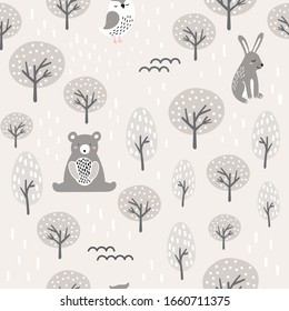 Semless woodland pattern with cute bear, owl, hare. Сhildish texture for fabric, textile, apparel, nursery decoration. Vector illustration