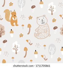 Semless woodland pattern with cute bear. Сhildish texture for fabric, textile, apparel, nursery decoration. Vector illustration