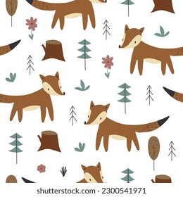 Semless woodland pattern with cute foxes and hand drawn elements. Scandinaviann style childish texture for fabric, textile, apparel, nursery decoration. Vector illustration