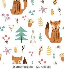 Patrón de bosque sin fin con zorros lindos y elementos dibujados a mano. Textura infantil de estilo escandinavo para tela, textil, vestimenta, decoración de vivero. Ilustración del vector