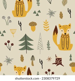 Patrón de bosque sin fin con zorros lindos y elementos dibujados a mano. Textura infantil de estilo escandinavo para tela, textil, vestimenta, decoración de vivero. Ilustración del vector