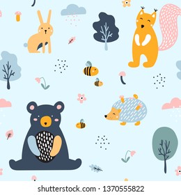Semless woodland pattern with cute hedgehog, bear, squirrel, hare. Сhildish texture for fabric, textile, apparel, nursery decoration. Vector illustration.